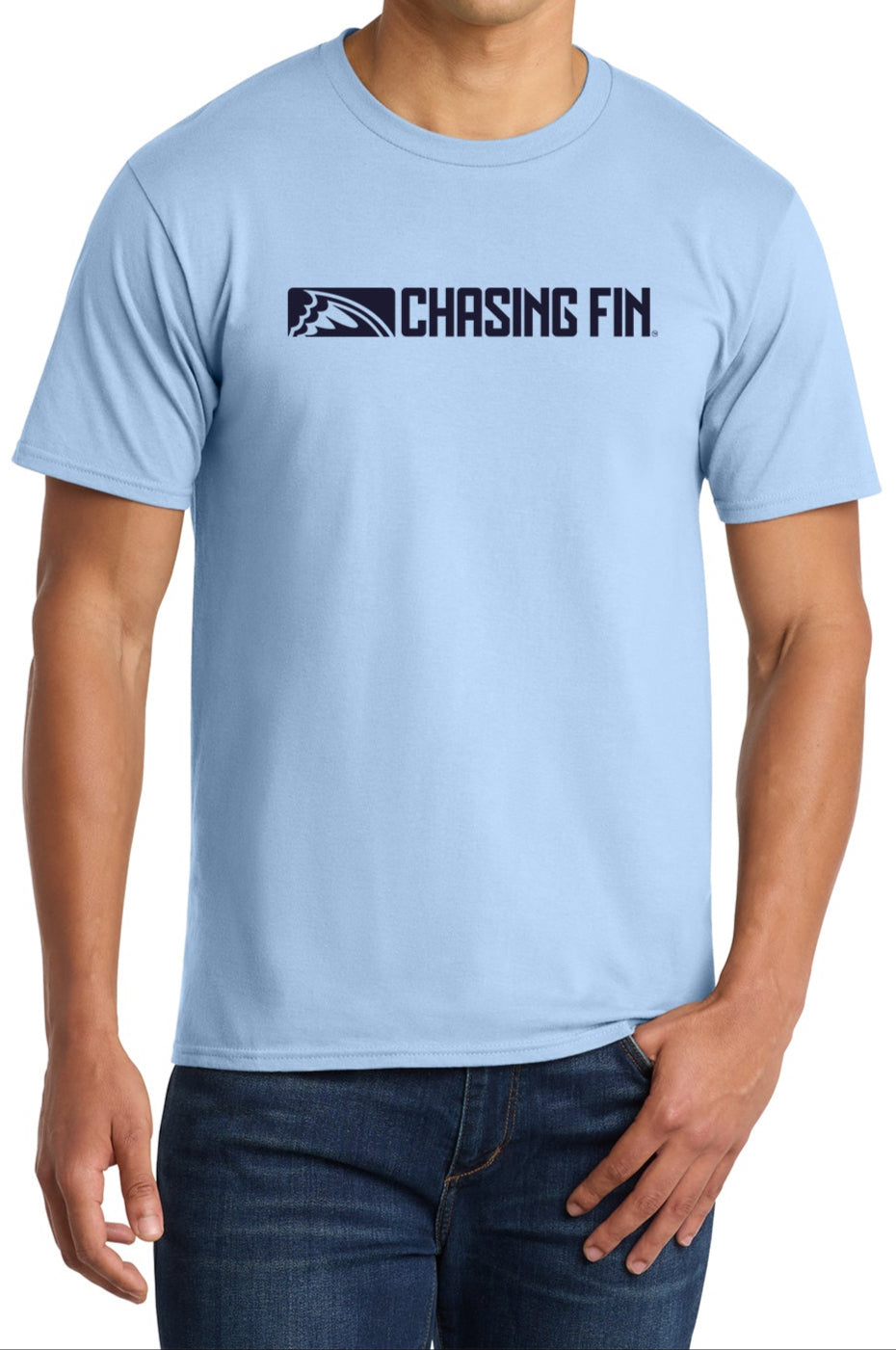 Catch the Rainbow Trout Chasing Fin Blue T shirt