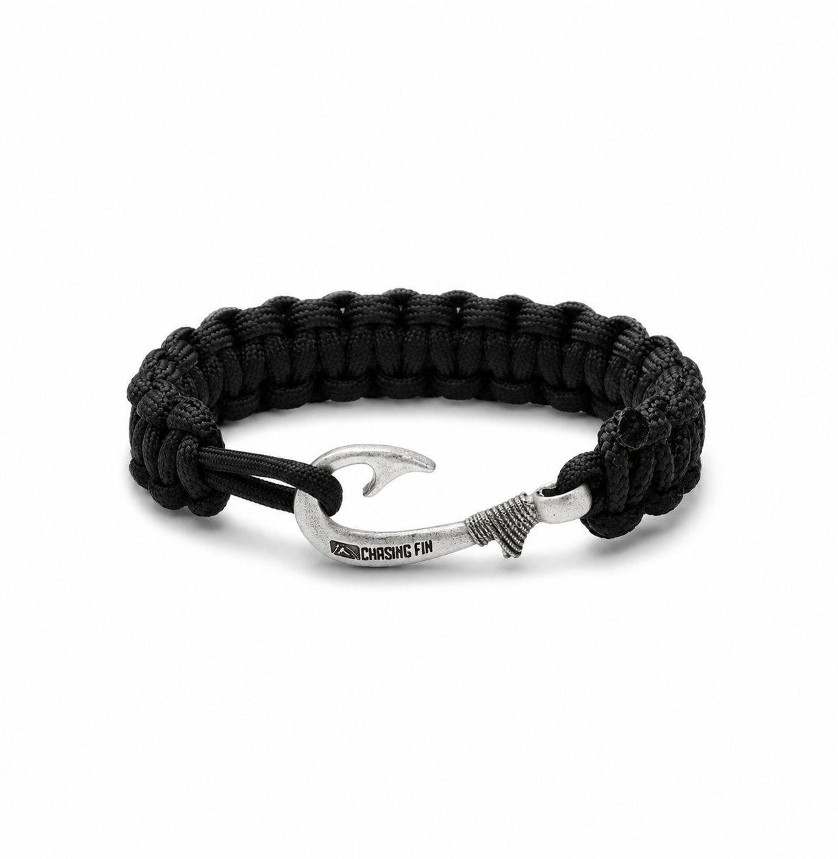 Solid Black Slim 550 Paracord Cobra Braid Fish Hook Bracelet