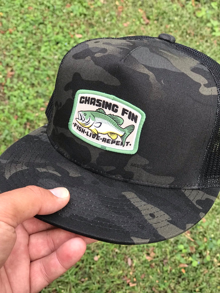 Bass Catcher Black Camo Trucker Cap (Flat Bill)