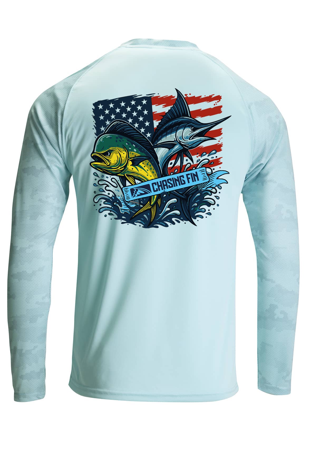 Pro Fin Camo Mahi Marlin American Fish Flag Performance Long Sleeve Shirt in Aqua
