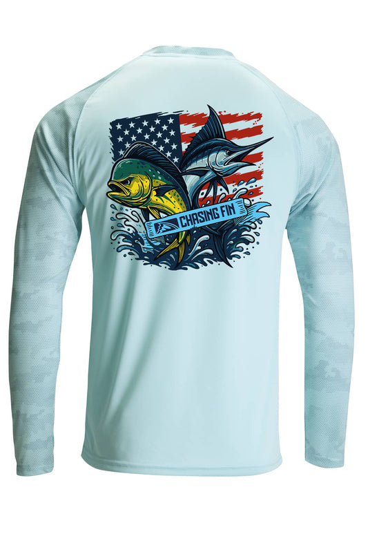 Mahi Marlin American Fish Flag Pro Fin Camo Performance Long Sleeve Shirt in Aqua