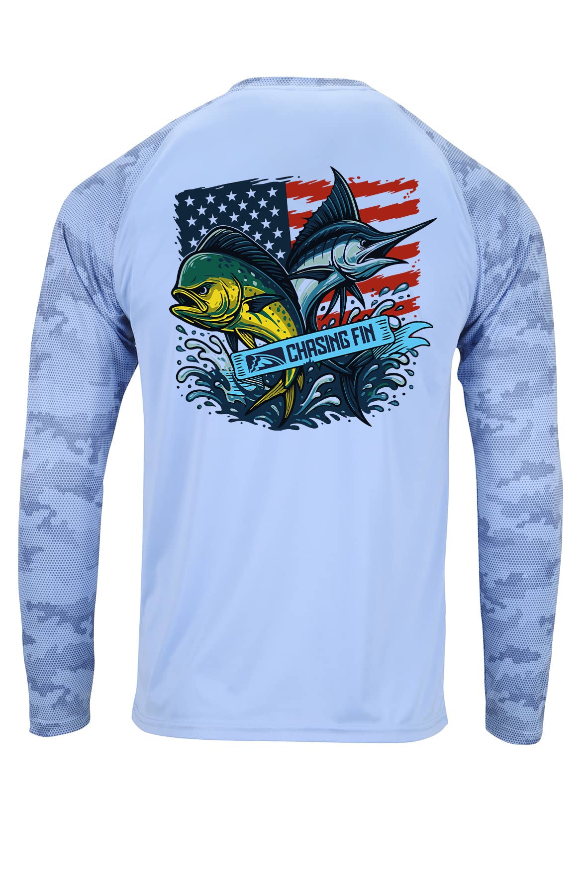 Mahi Marlin American Fish Flag Pro Fin Camo Performance Long Sleeve Shirt in Mist Blue