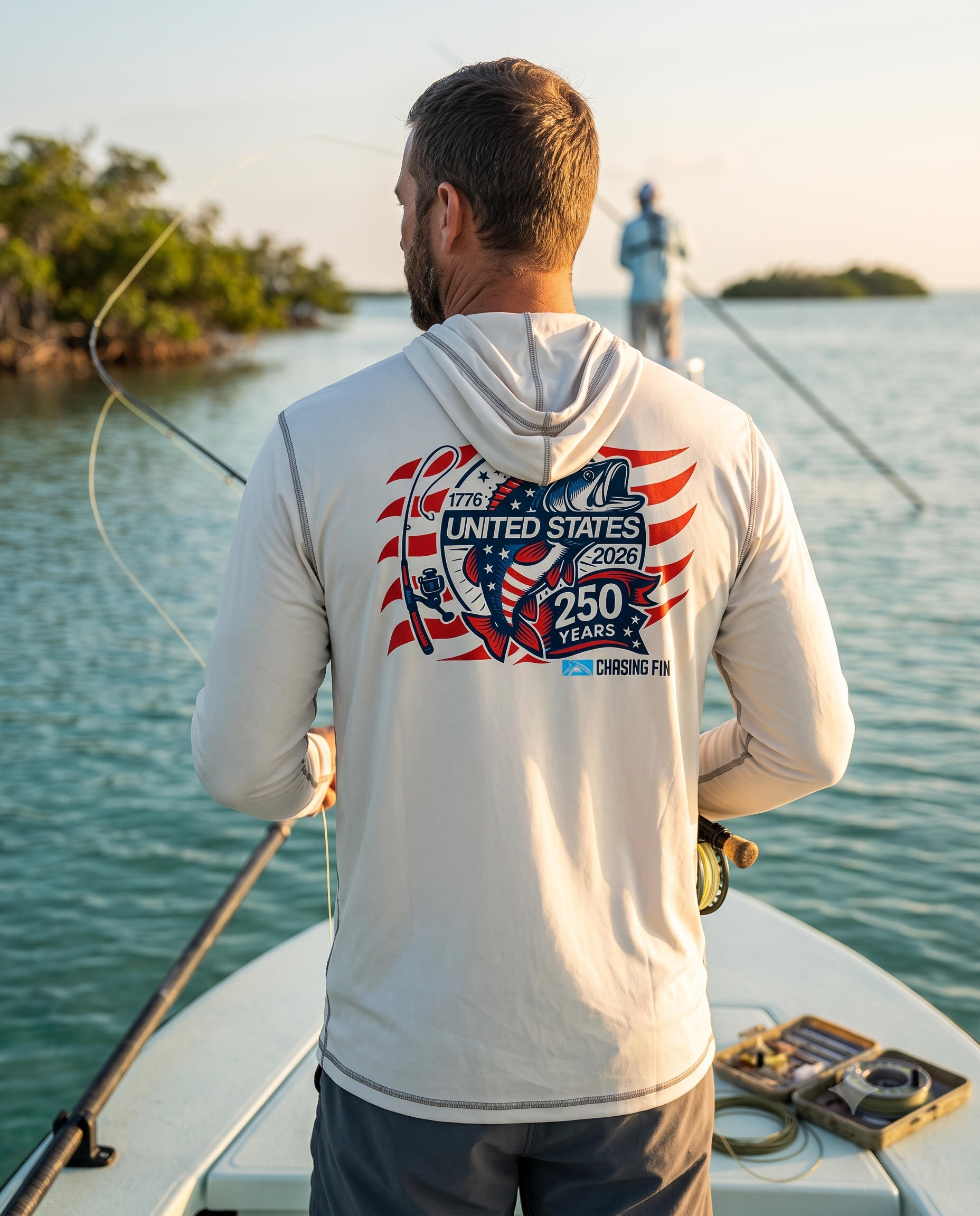 250th Anniversary Spinning Rod Performance Hoodie White - Chasing Fin Limited Edition America's
