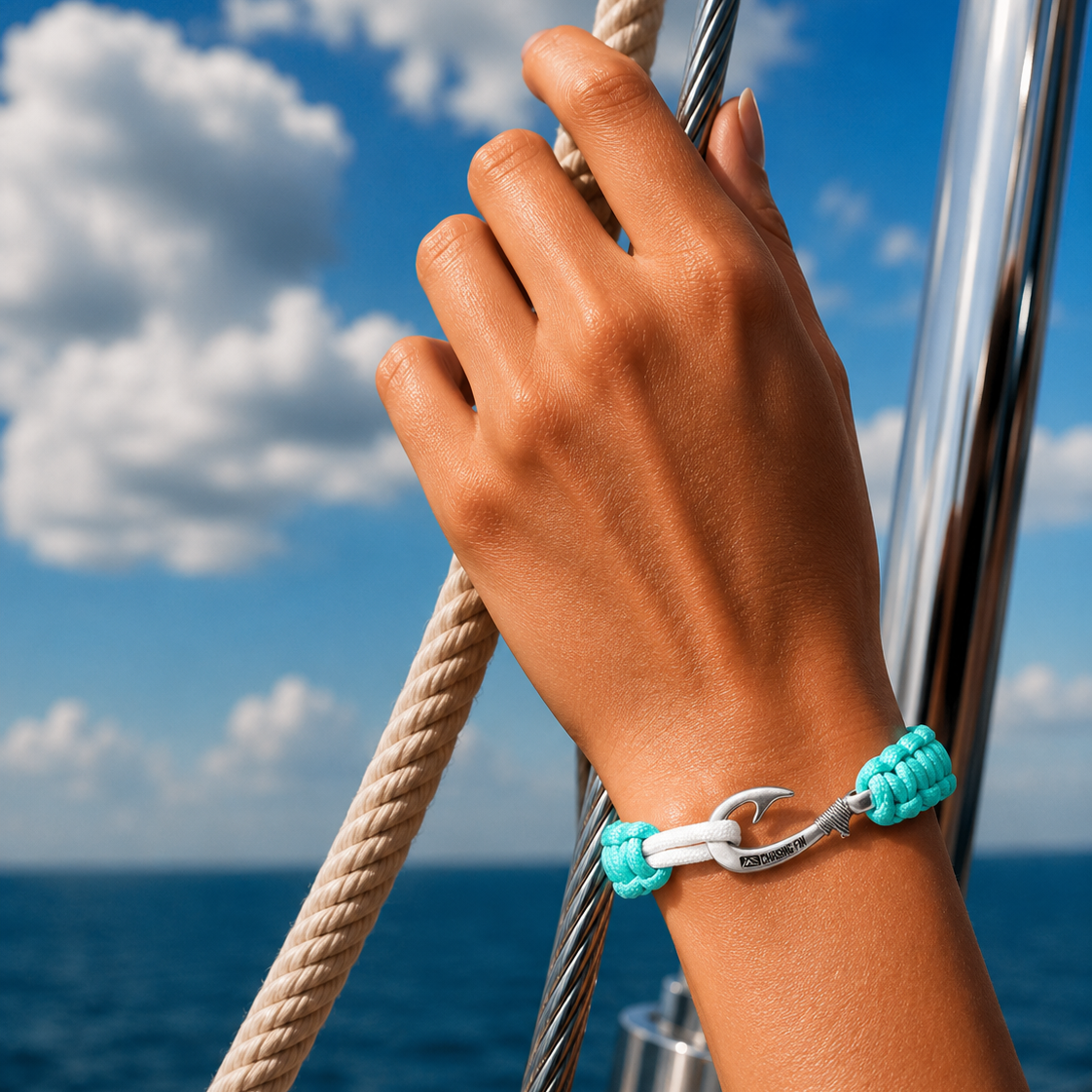 Turquoise & Silver Slim Cobra Braid Fish Hook Bracelet