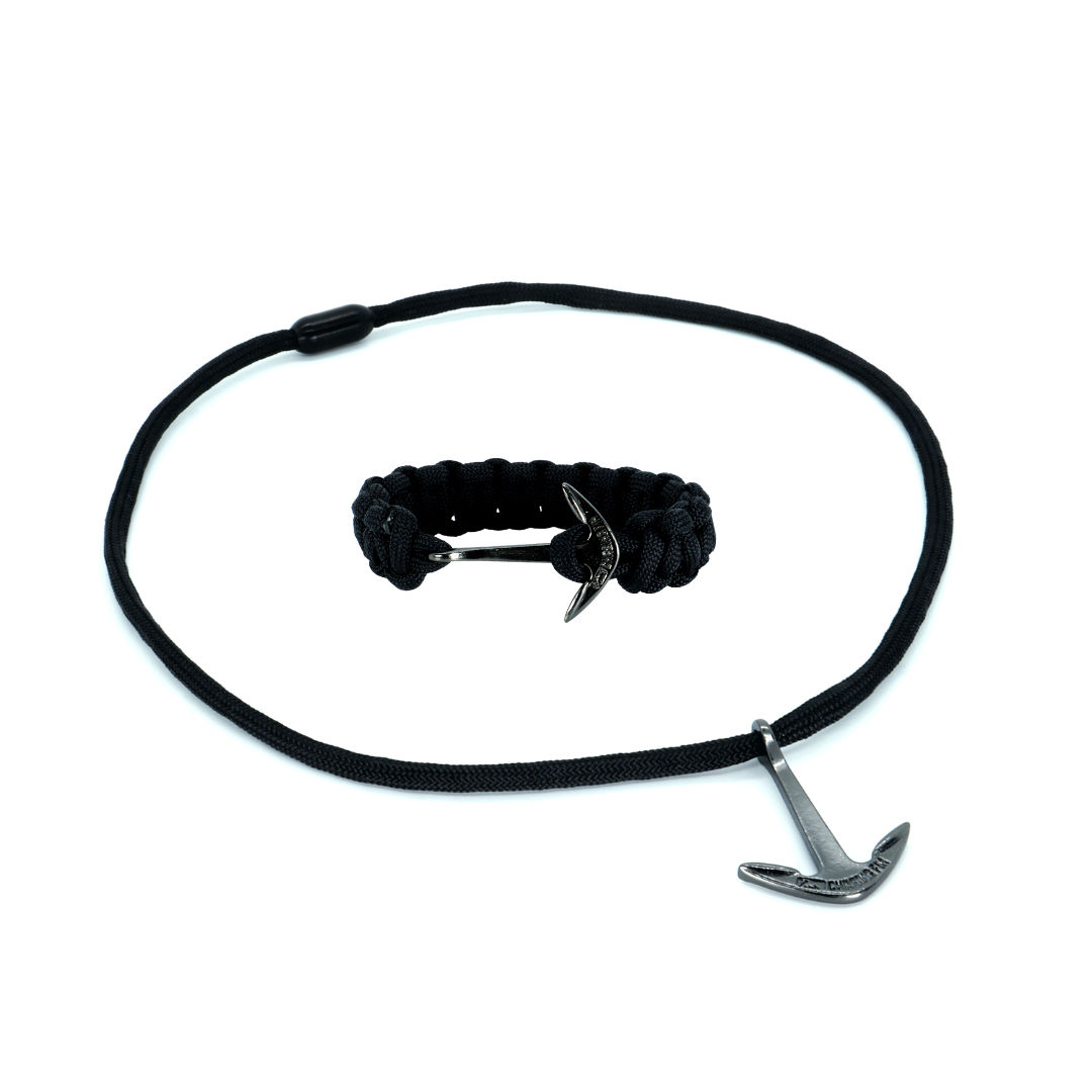Limited Edition Black Paracord Necklace and Cobra Bracelet with Chasing Fin Anchor