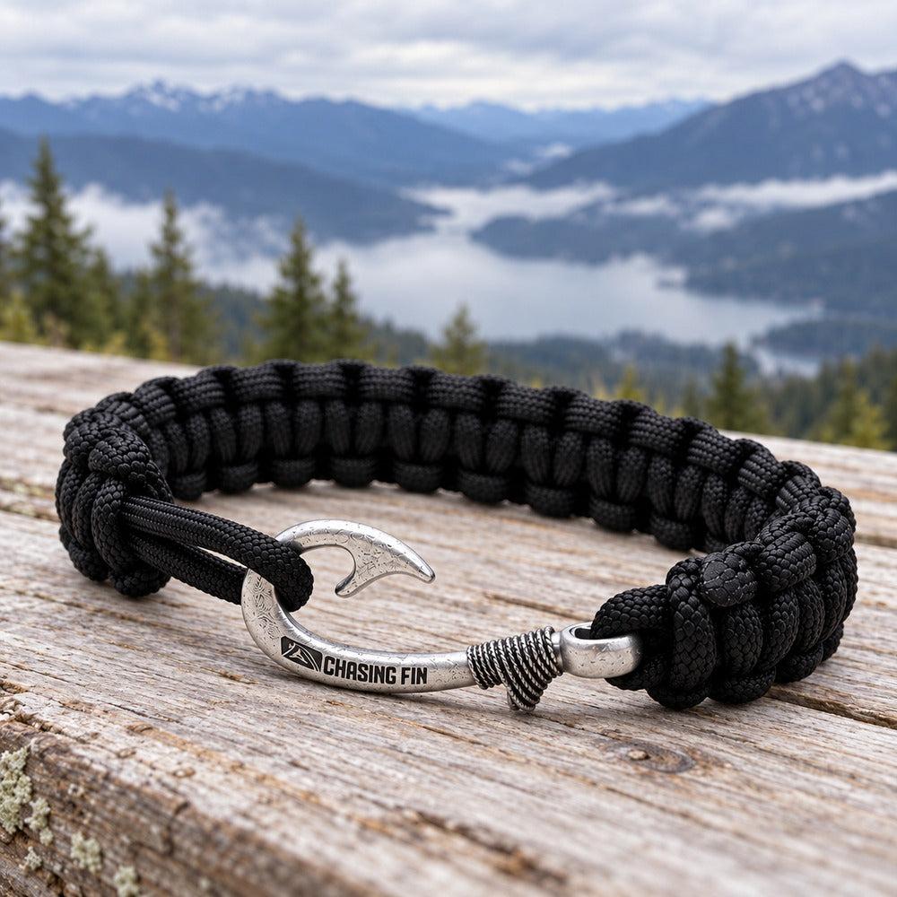 Solid Black Slim Cobra Braid Fish Hook Bracelet