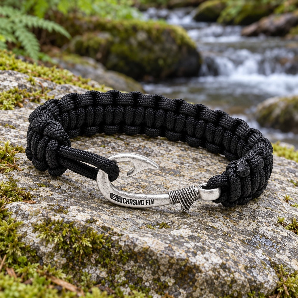Solid Black Slim Cobra Braid Fish Hook Bracelet