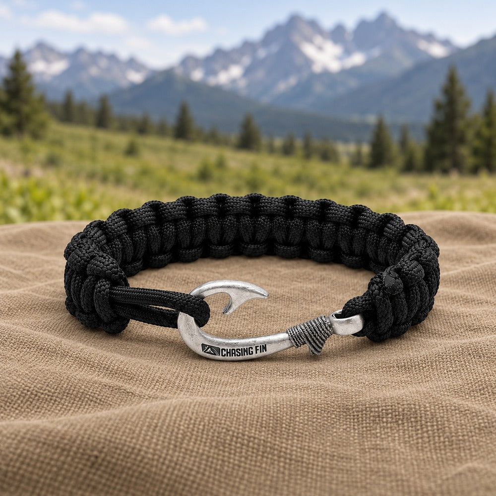 Solid Black Slim Cobra Braid Fish Hook Bracelet