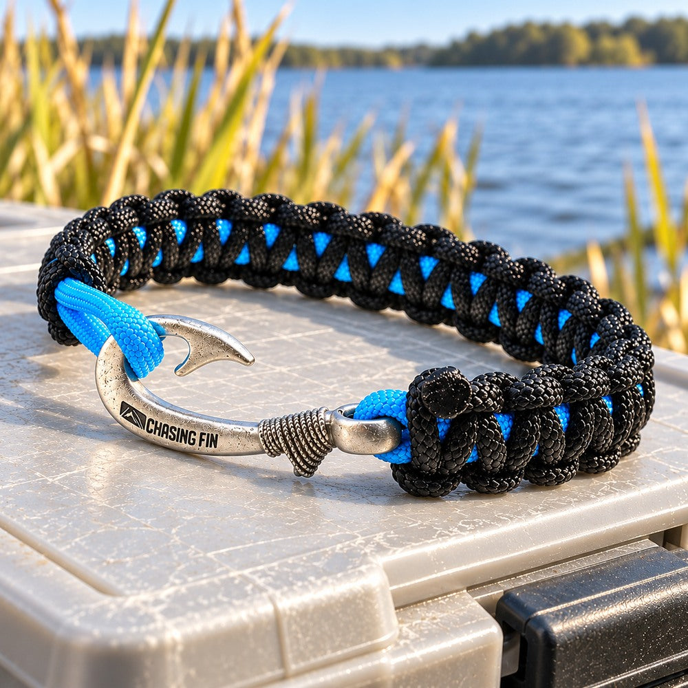 New Slim Cobra Braid Fish Hook Bracelet (Black & Blue)