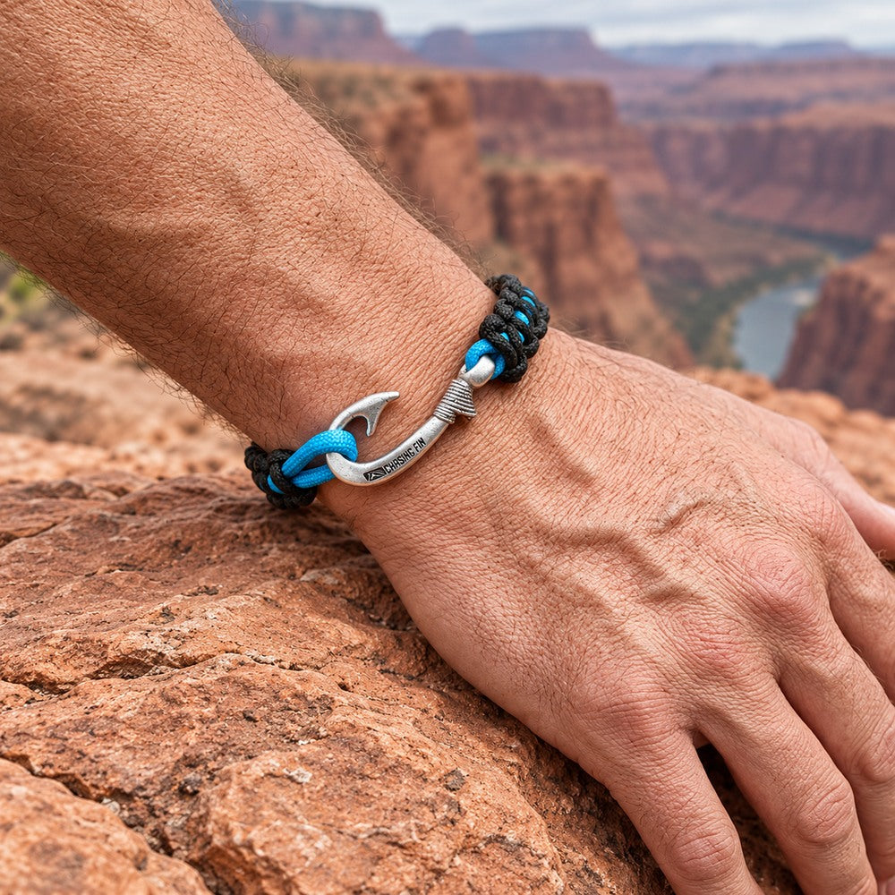 New Slim Cobra Braid Fish Hook Bracelet (Black & Blue)