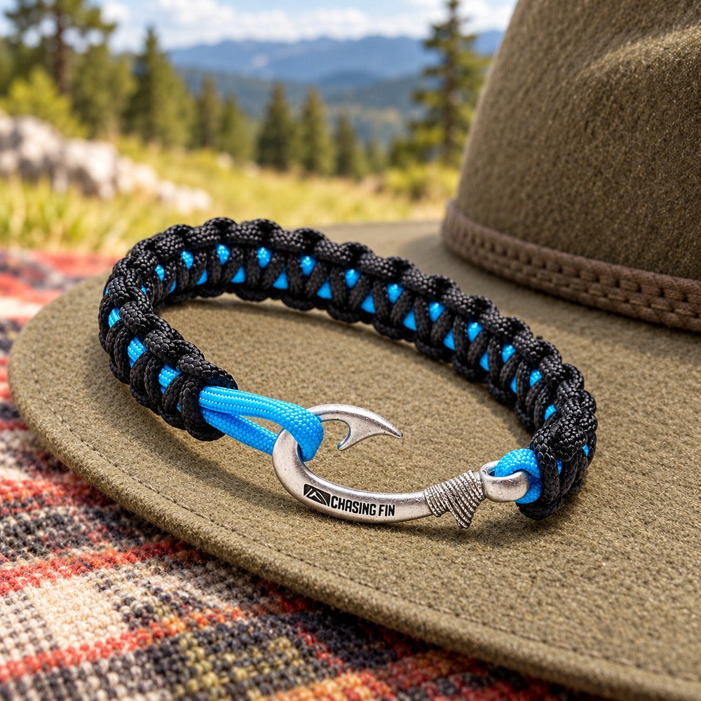 New Slim Cobra Braid Fish Hook Bracelet (Black & Blue)