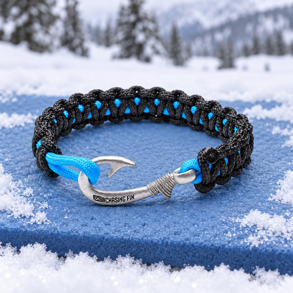 New Slim Cobra Braid Fish Hook Bracelet (Black & Blue)