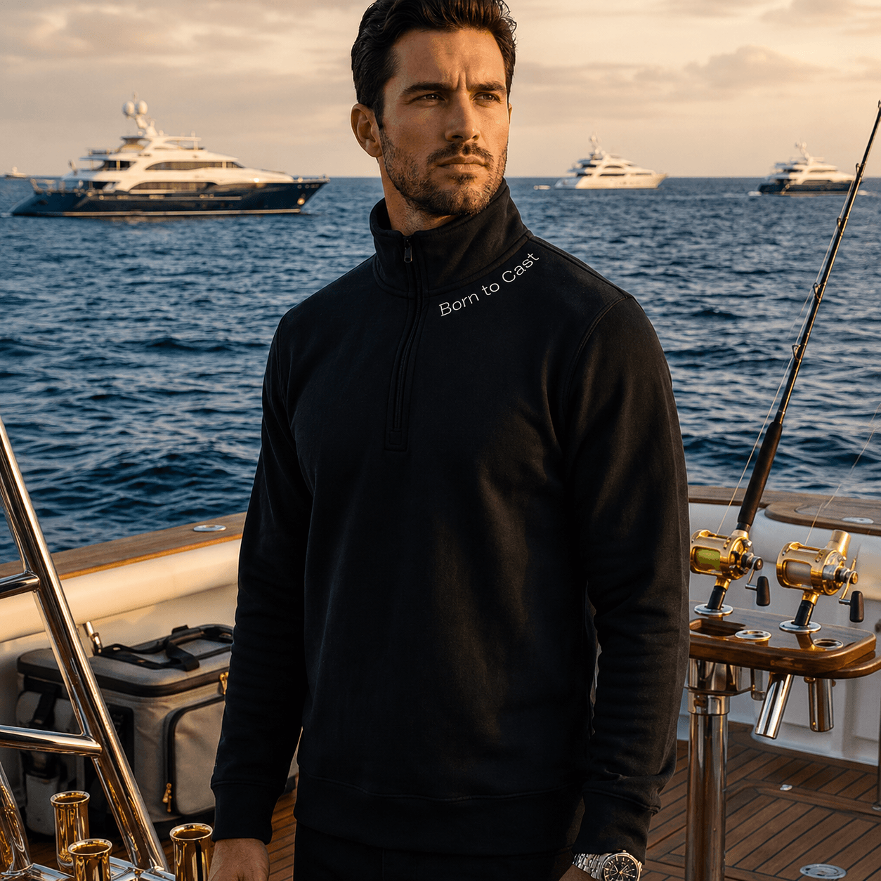 Born to Cast - Fleece 1/4-Zip Pullover Sweatshirt | Unisex Cotton Blend Quarter Zip - Chasing Fin New Collection
