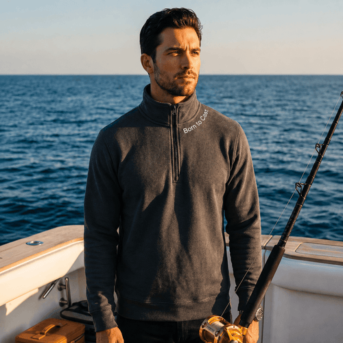 Born to Cast - Fleece 1/4-Zip Pullover Sweatshirt | Unisex Cotton Blend Quarter Zip - Chasing Fin New Collection
