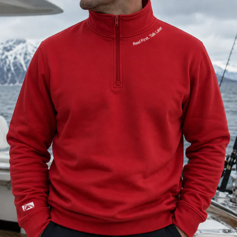Chasing Fin Reel First. Talk Later. 1/4-Zip Soft Fleece Pullover Long Sleeve Sweatshirt