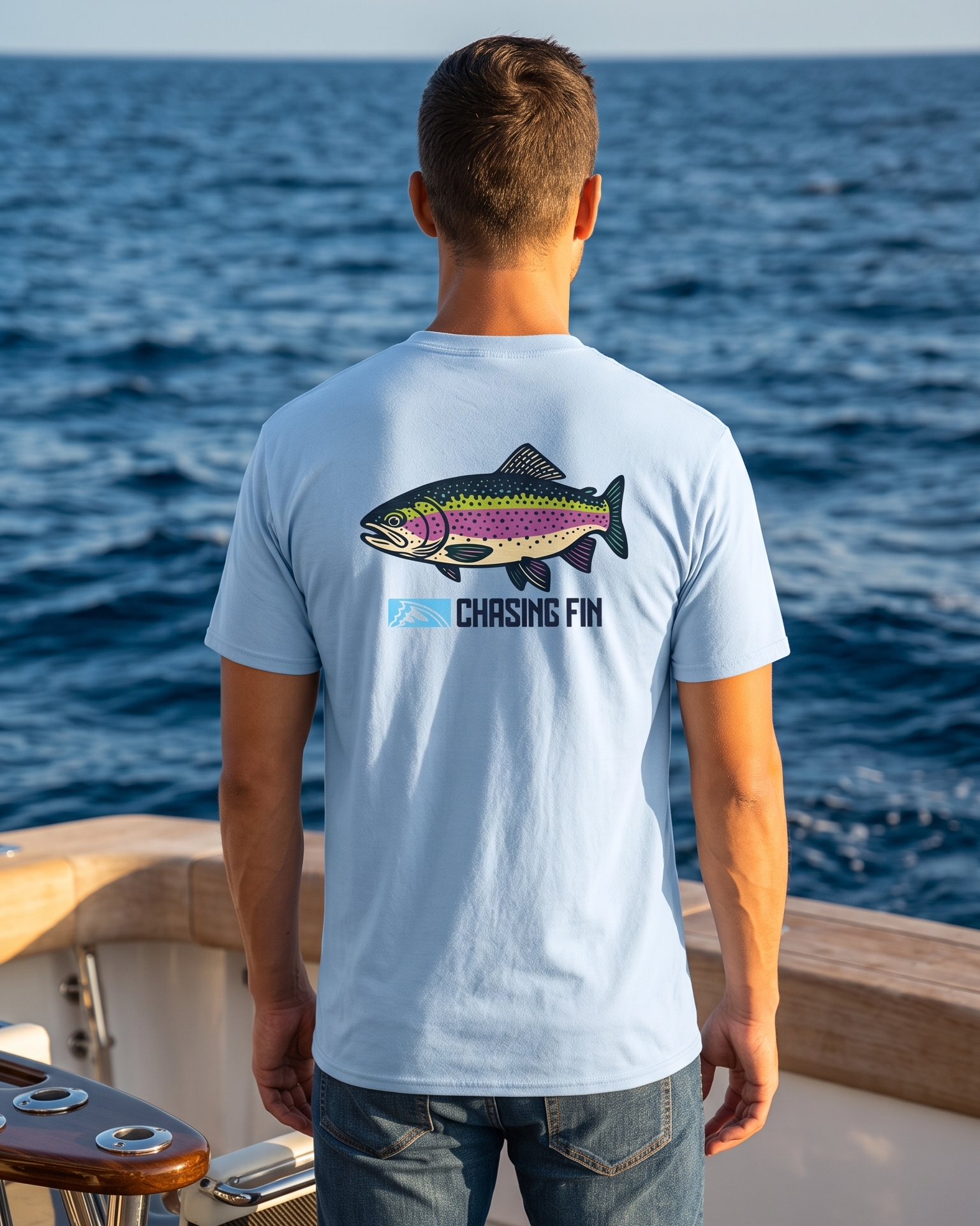 Catch the Rainbow Trout Chasing Fin Blue T shirt
