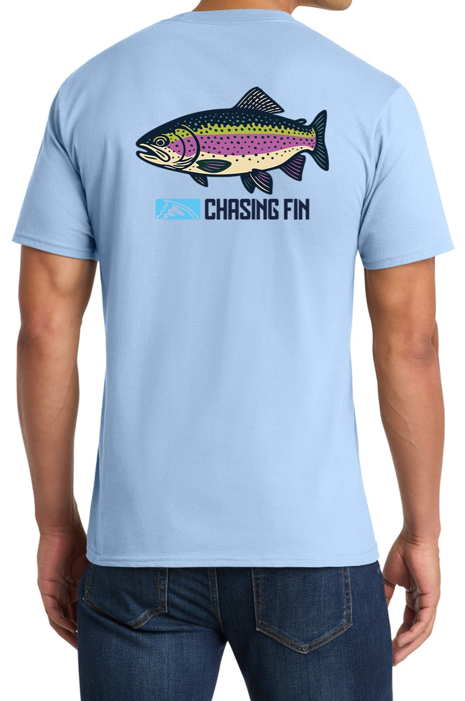 Catch the Rainbow Trout Chasing Fin Blue T shirt
