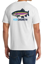 Catch the Rainbow Trout Chasing Fin Blue T shirt
