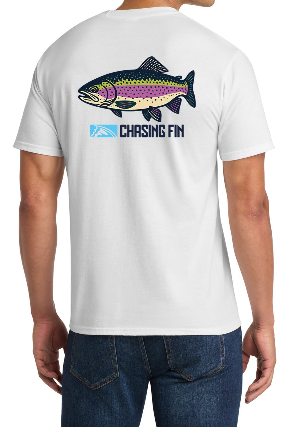 Catch the Rainbow Trout Chasing Fin Blue T shirt
