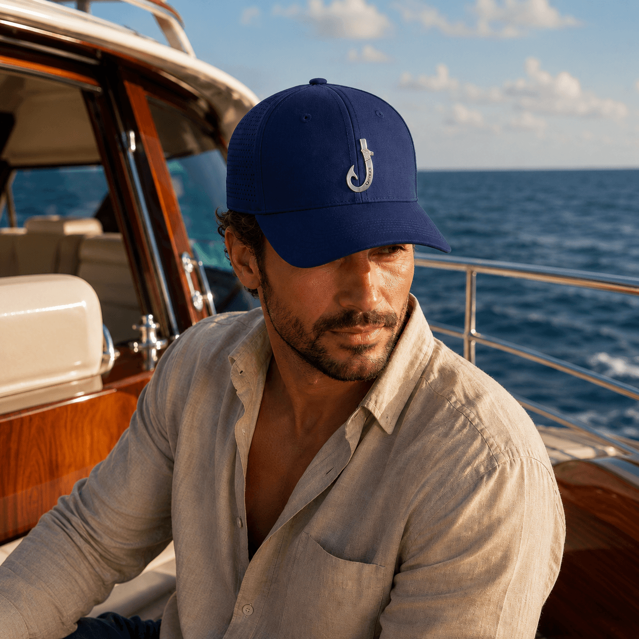 Chasing Fin Navy Performance Hat – Patented Fish Hook™ with Metallic 3D TPU Logo
