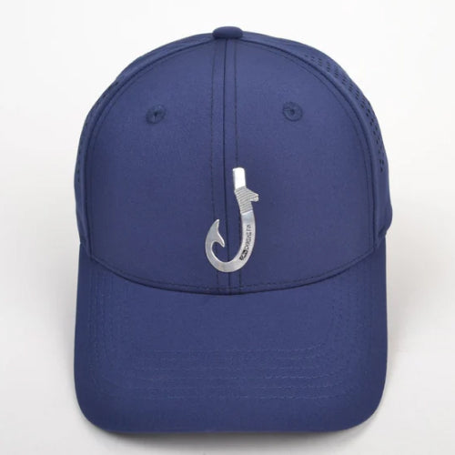 Chasing Fin Navy Performance Hat – Patented Fish Hook™ with Metallic 3D TPU Logo
