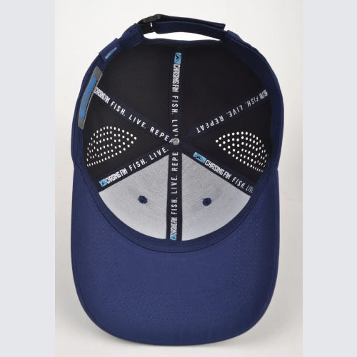 Chasing Fin Navy Performance Hat – Patented Fish Hook™ with Metallic 3D TPU Logo
