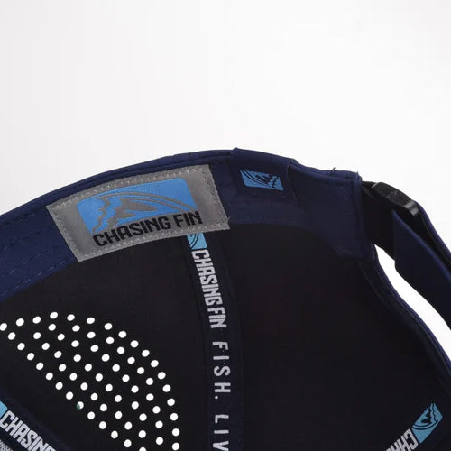 Chasing Fin Navy Performance Hat – Patented Fish Hook™ with Metallic 3D TPU Logo
