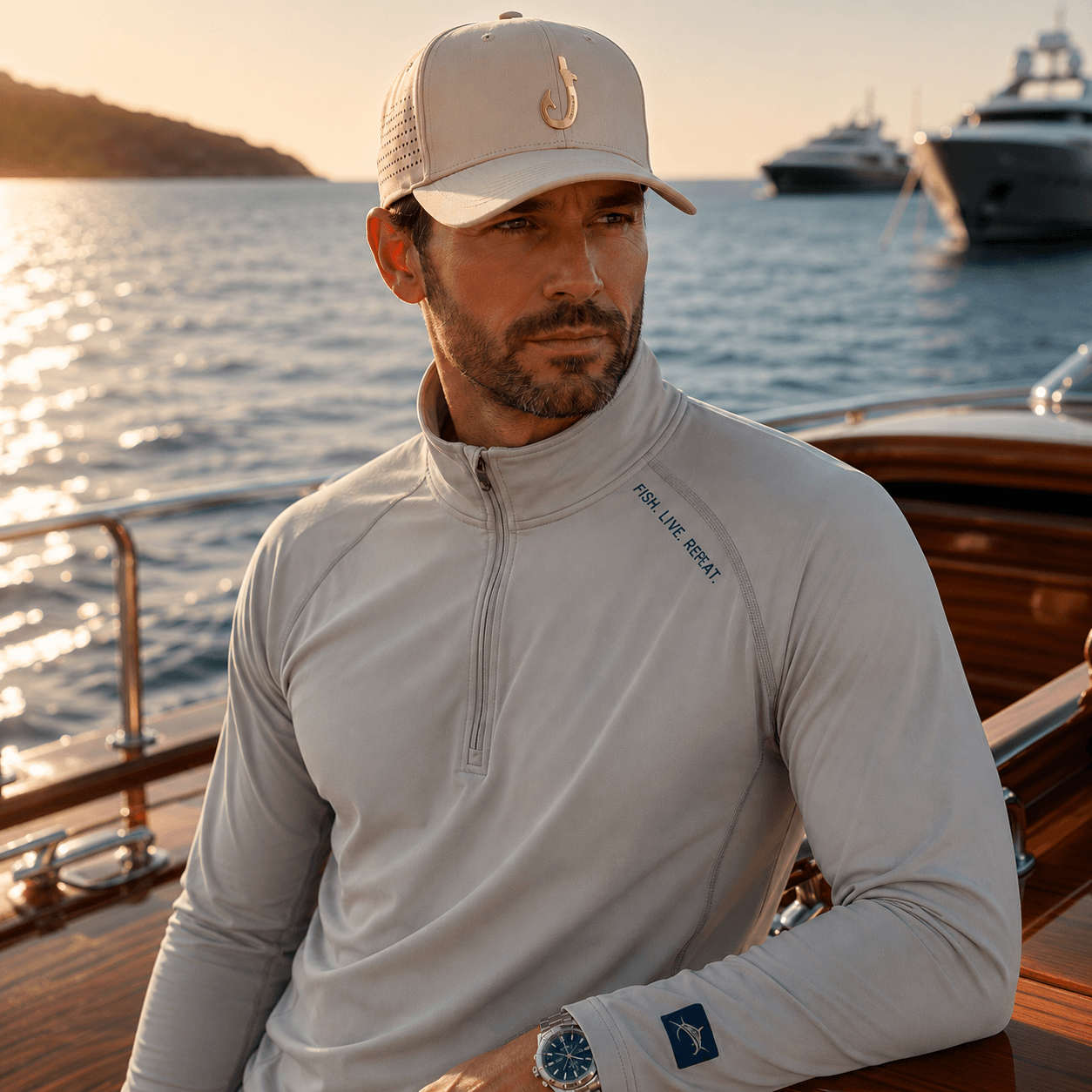 Chasing Fin Sand Performance Hat – Gold Patented Fish Hook™
