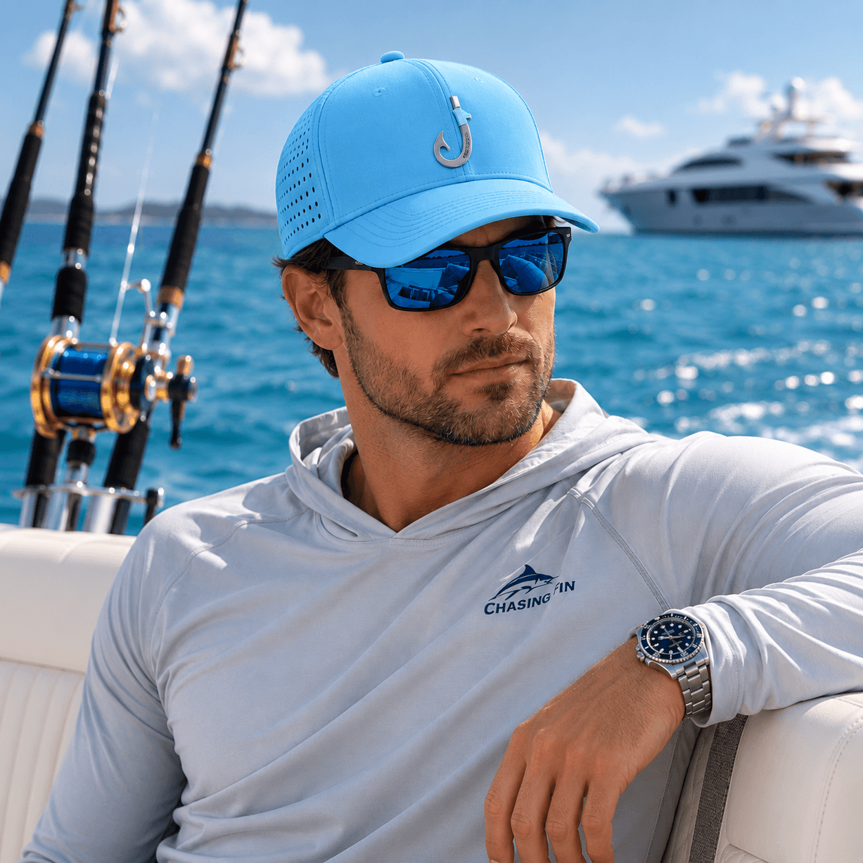 Chasing Fin Sky Blue Performance Hat – Patented Fish Hook™ in 3d Logo
