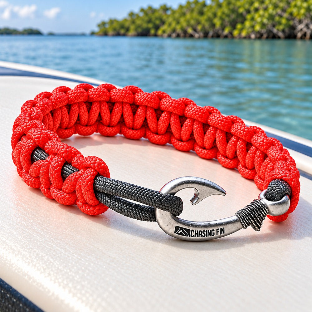 New Slim Cobra Braid Fish Hook Bracelet (Neon Orange & Gray)