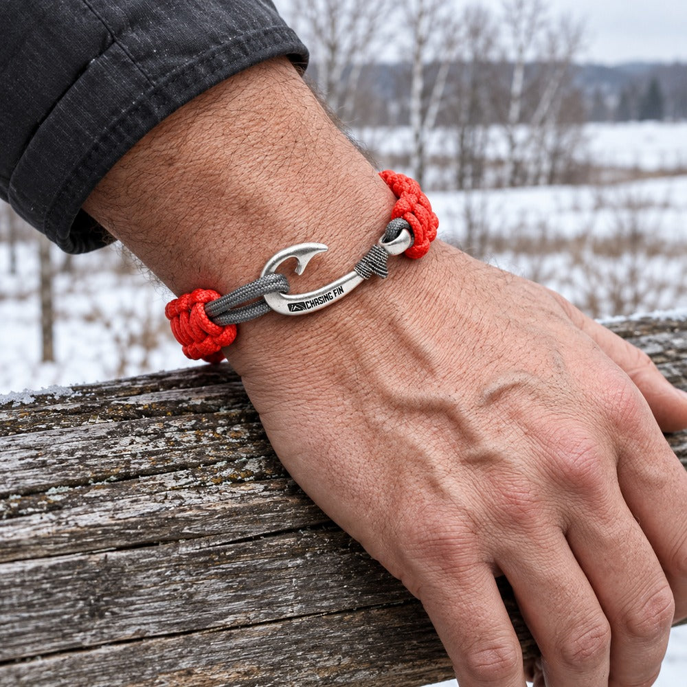 New Slim Cobra Braid Fish Hook Bracelet (Neon Orange & Gray)