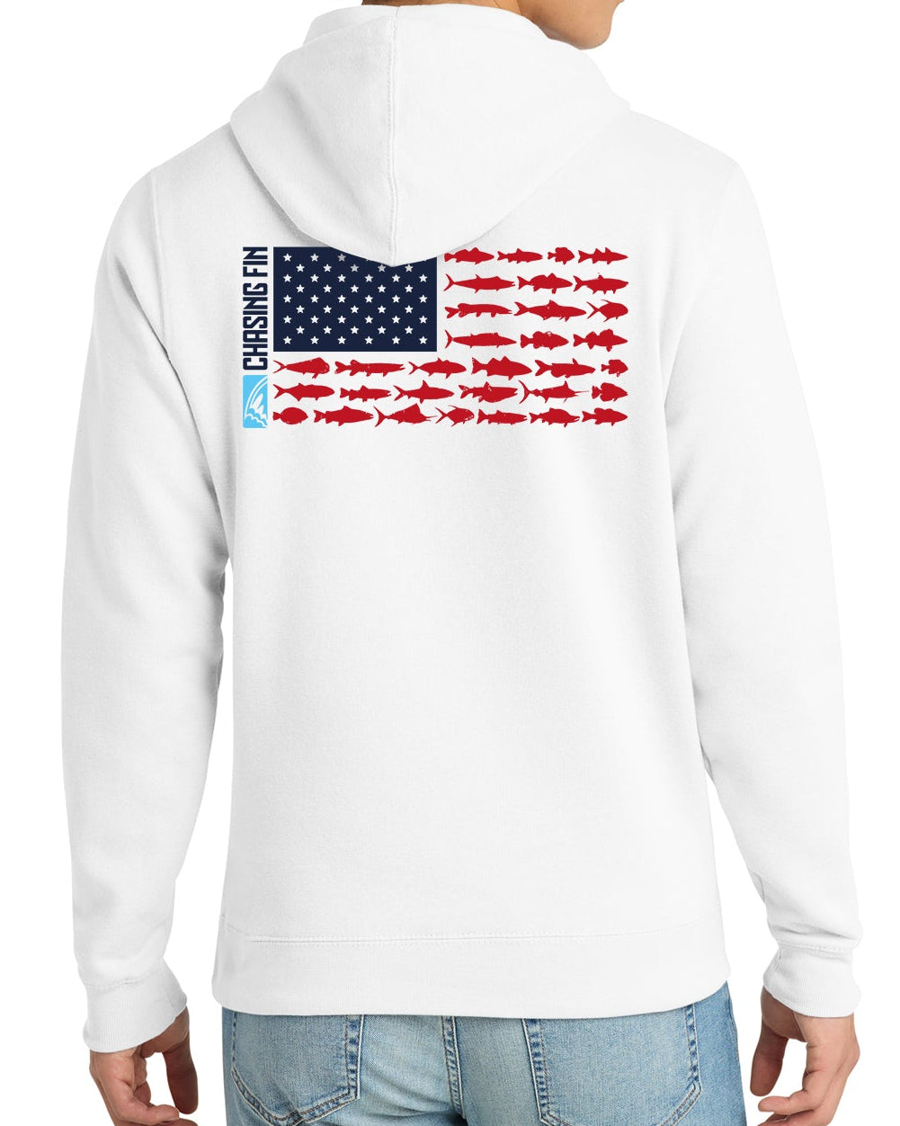 New Patriotic Fish Flag  Comfort Fleece Hoodie White- Chasing Fin New Edition