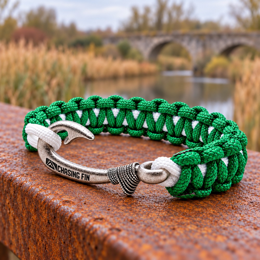 New Slim Cobra Braid Fish Hook Bracelet (Kelly Green & White)