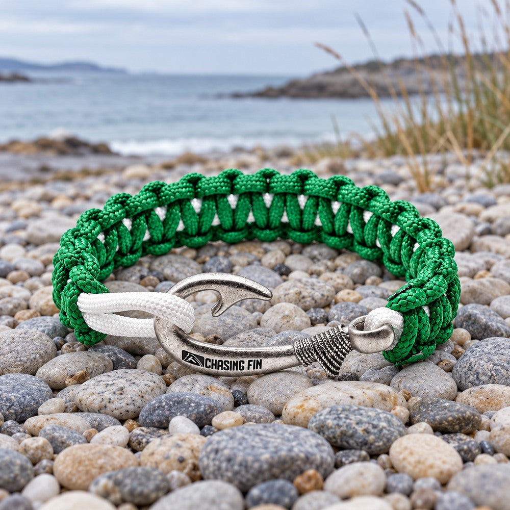 New Slim Cobra Braid Fish Hook Bracelet (Kelly Green & White)