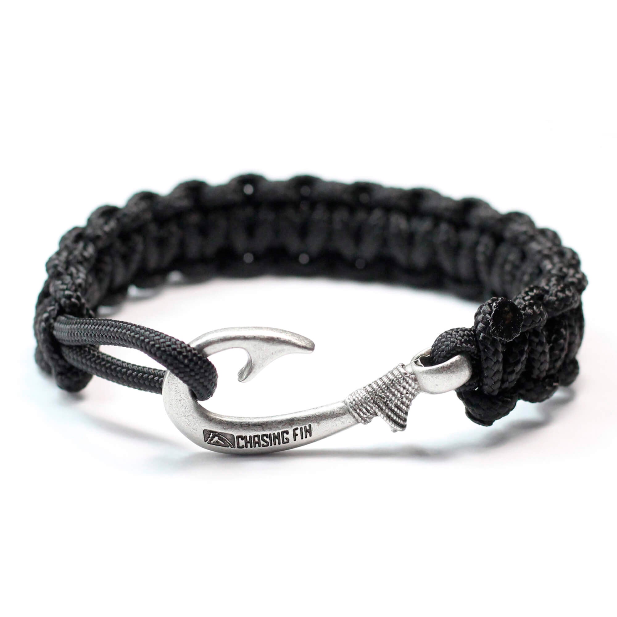 Solid Black Slim Cobra Braid Fish Hook Bracelet