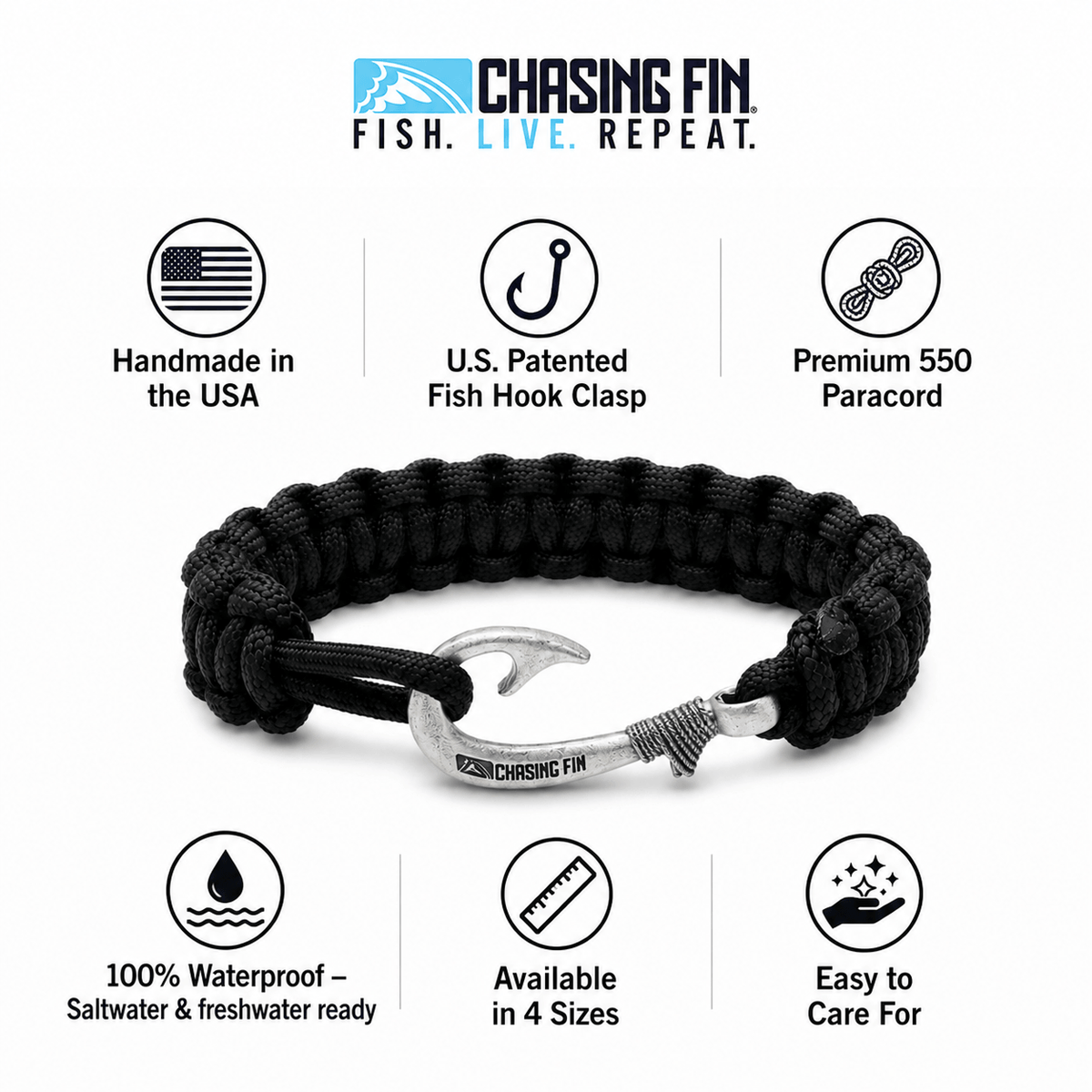 Solid Black Slim Cobra Braid Fish Hook Bracelet