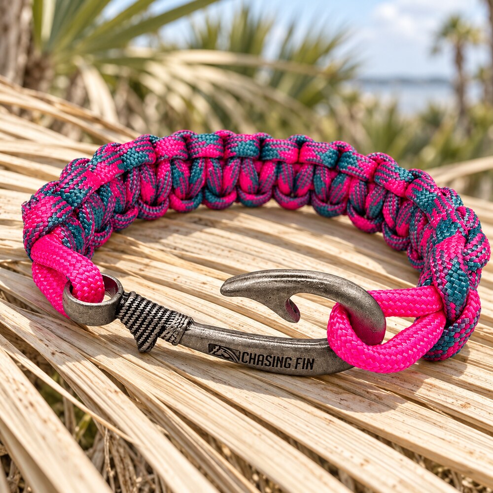 Rosy Reef Cobra Braid Fish Hook Bracelet-Glow Under Black Light