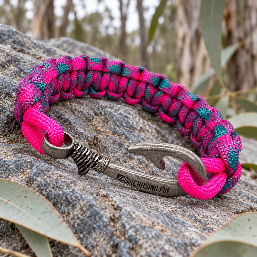 Rosy Reef Cobra Braid Fish Hook Bracelet-Glow Under Black Light