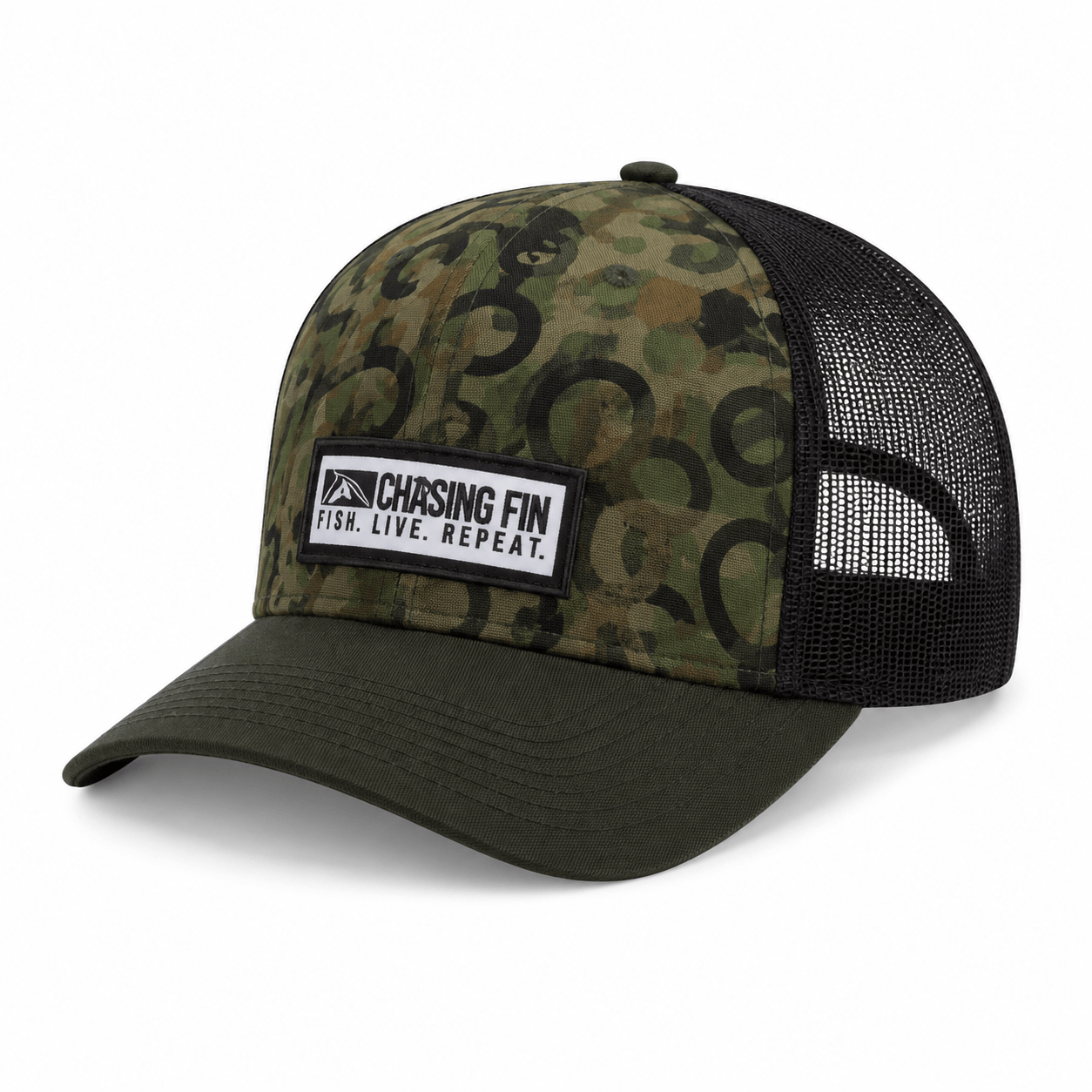 Green Hook Camo™ Chasing Fin Exclusive Pattern 6-Panel Performance Trucker Hat
