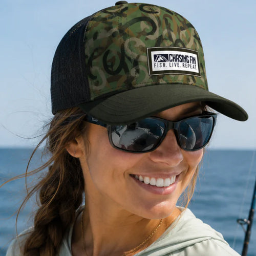 Green Hook Camo™ Chasing Fin Exclusive Pattern 6-Panel Performance Trucker Hat
