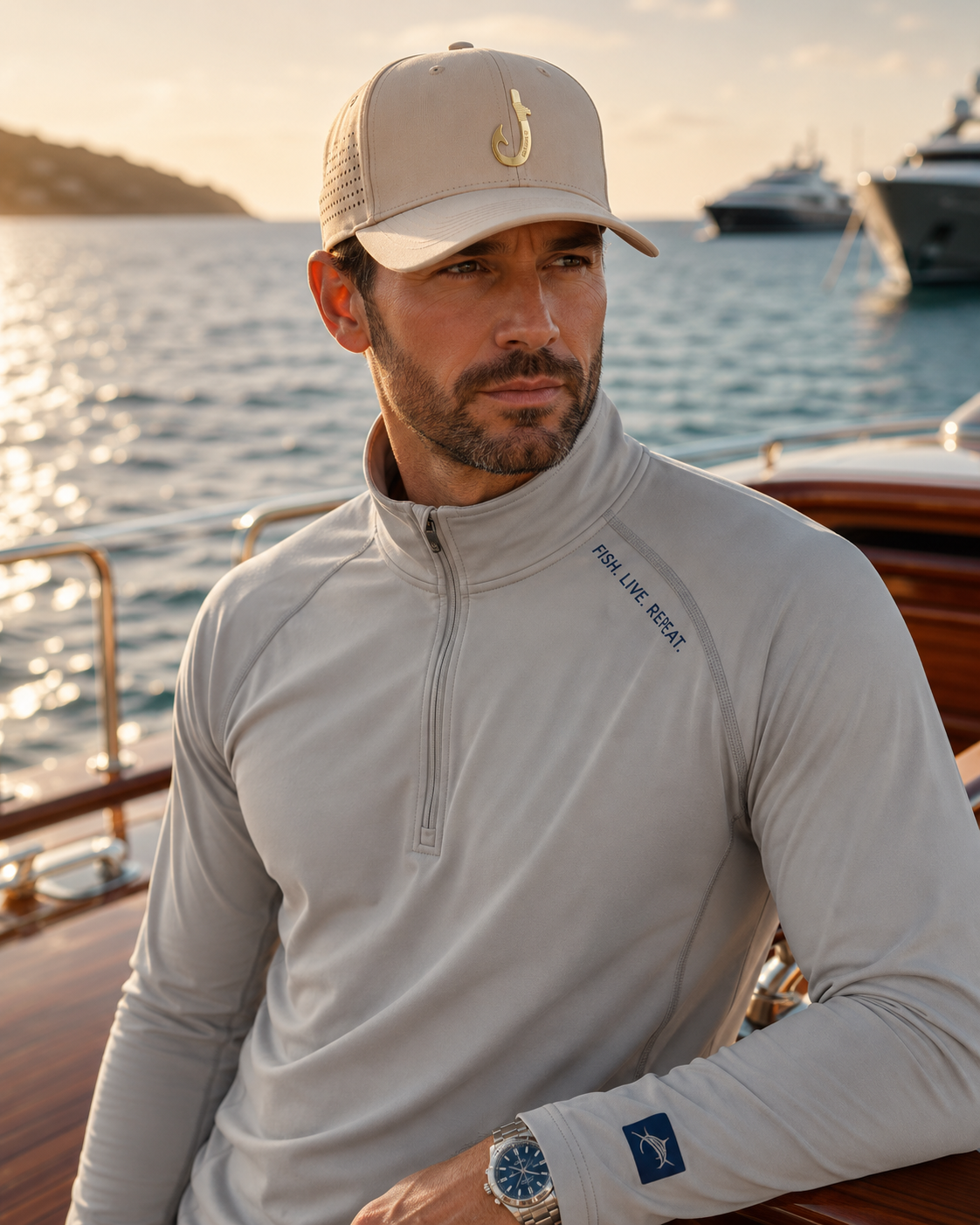 Chasing Fin Sand Performance Hat – Gold Patented Fish Hook™