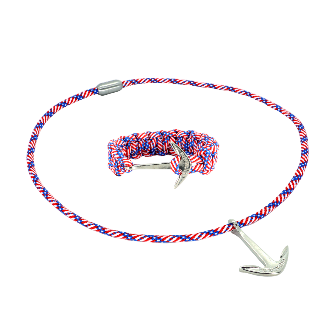 Limited Edition Stars & Stripes Paracord Necklace and Cobra Bracelet with Chasing Fin Anchor
