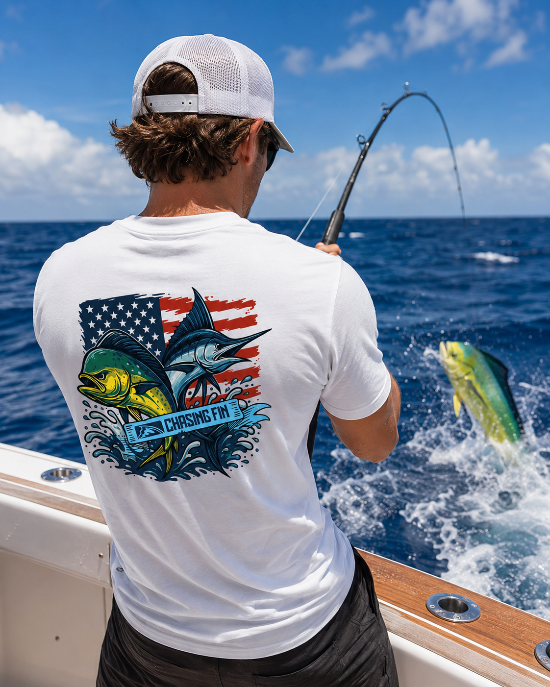 Mahi Marlin American Patriotic Fish Flag Blue T shirt
