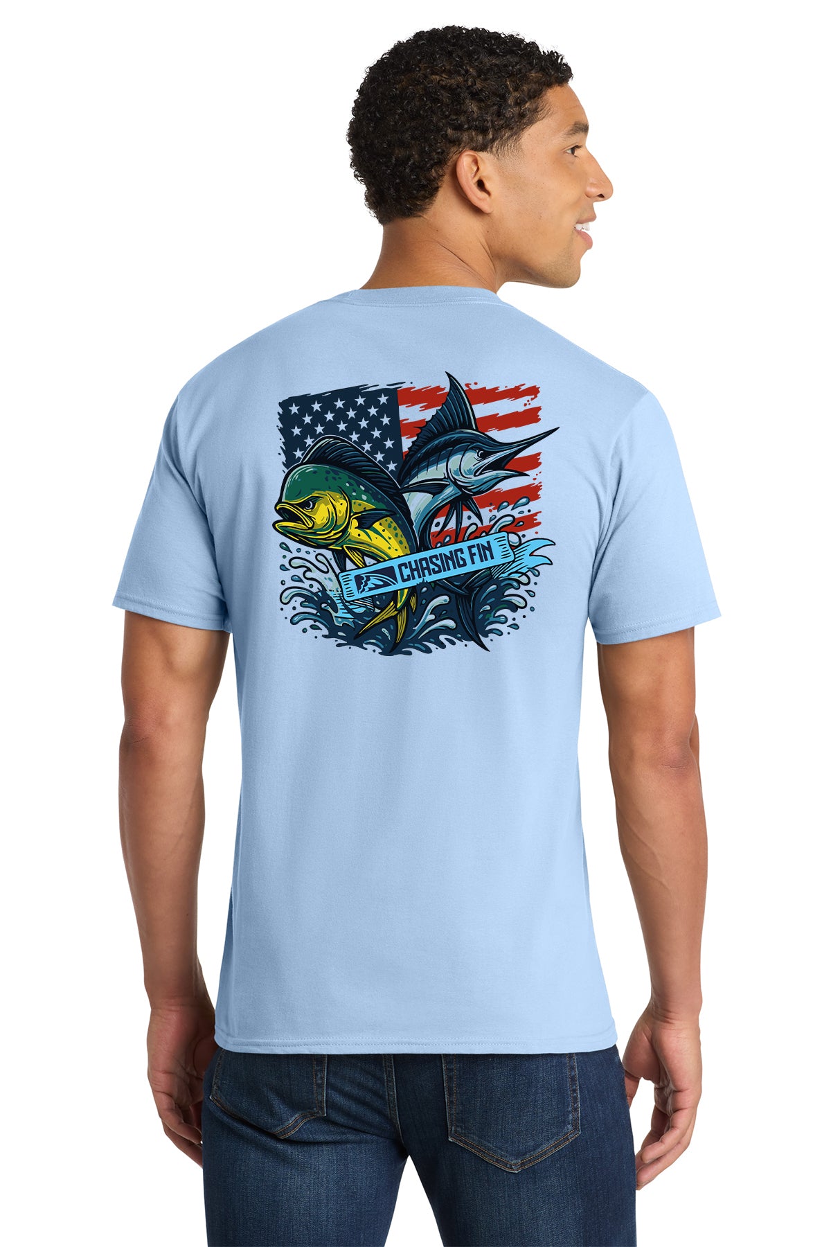 Mahi Marlin American Patriotic Fish Flag Blue T shirt product variant color