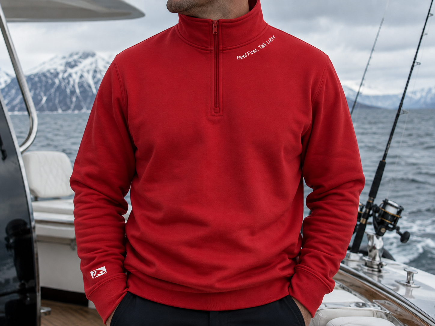 Chasing Fin Reel First. Talk Later. 1/4-Zip Soft Fleece Pullover Long Sleeve Sweatshirt