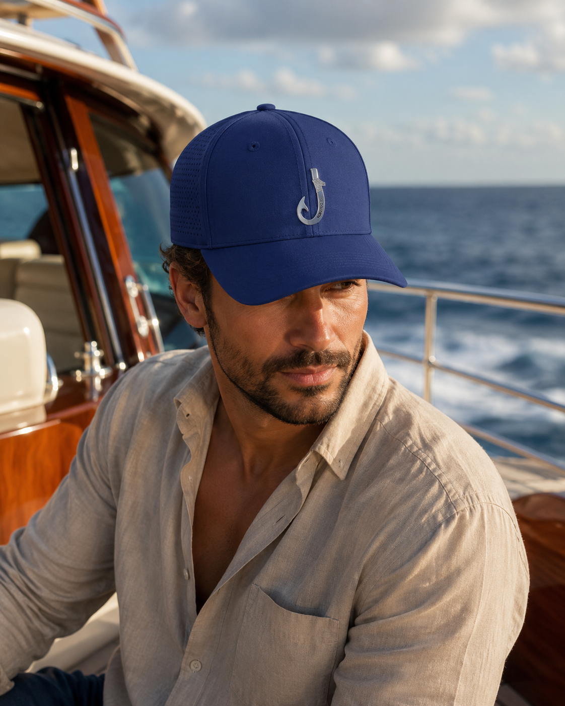 Chasing Fin Navy Performance Hat – Patented Fish Hook™ with Metallic 3D TPU Logo