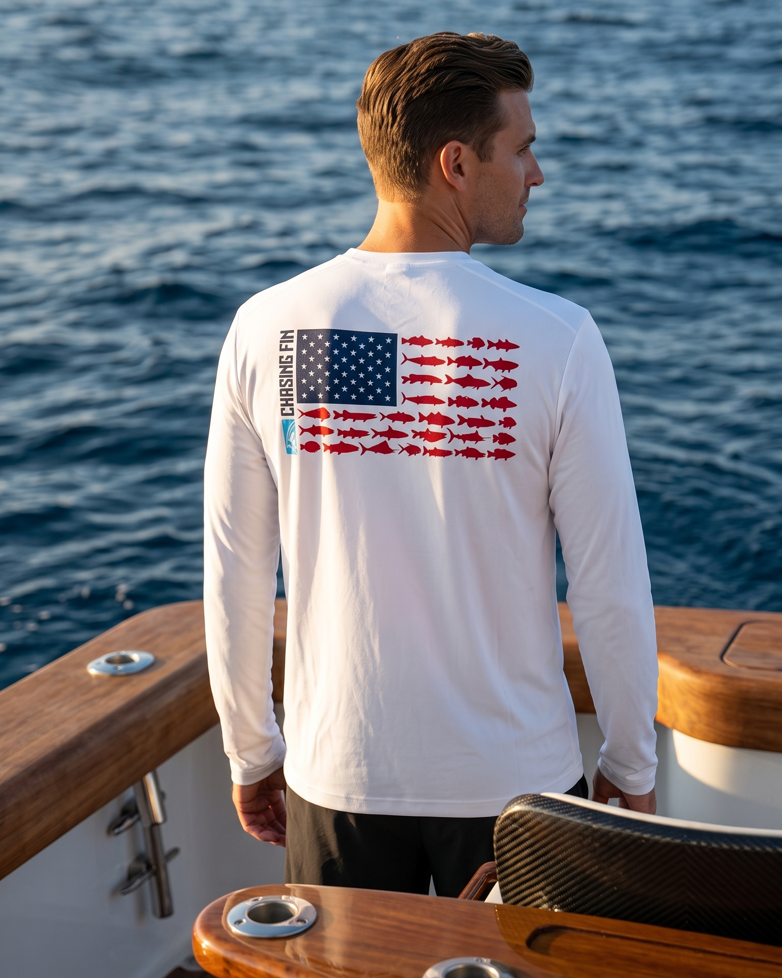 New Edition Chasing Fin's American Fish Flag Performance Patriotic Shirt Long Sleeve
