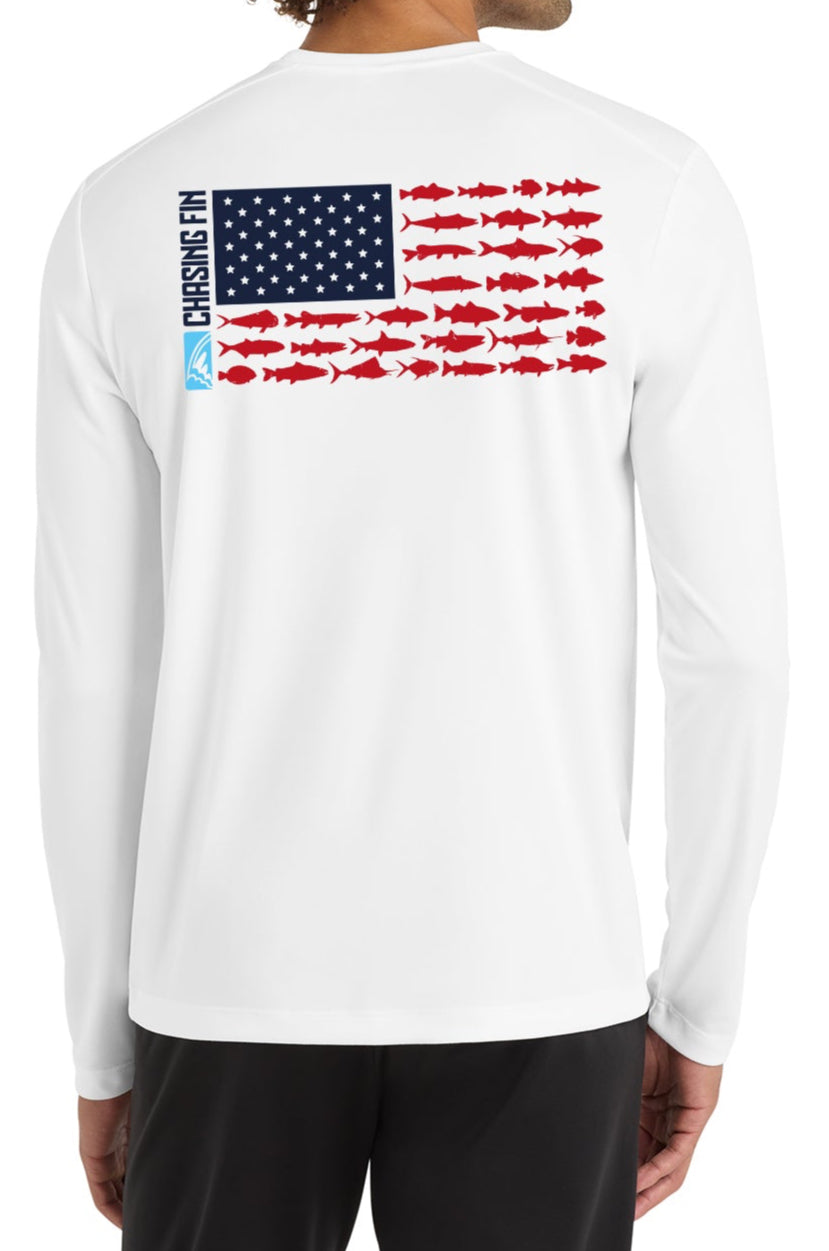 New Edition Chasing Fin's American Fish Flag Performance Patriotic Shirt Long Sleeve
