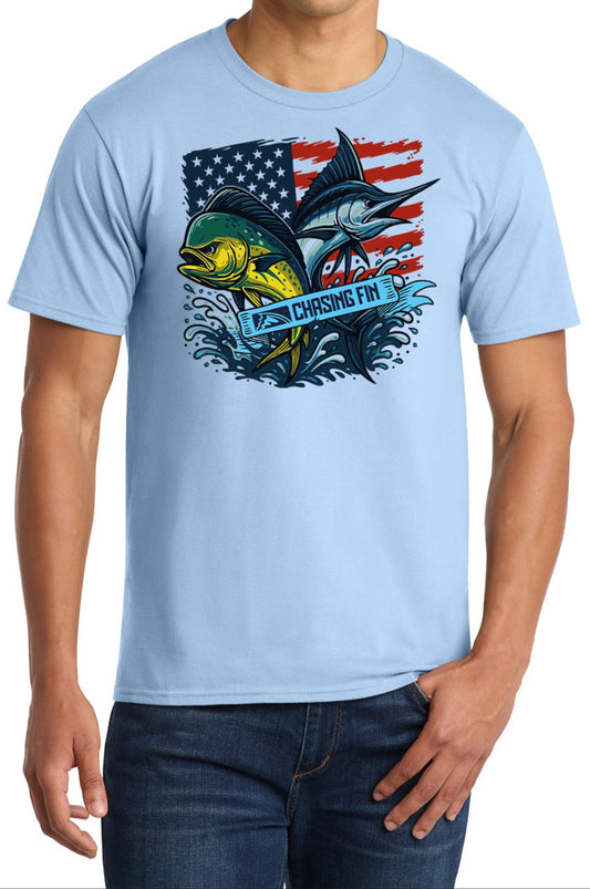 Mahi Marlin American Patriotic Fish Flag Blue T shirt