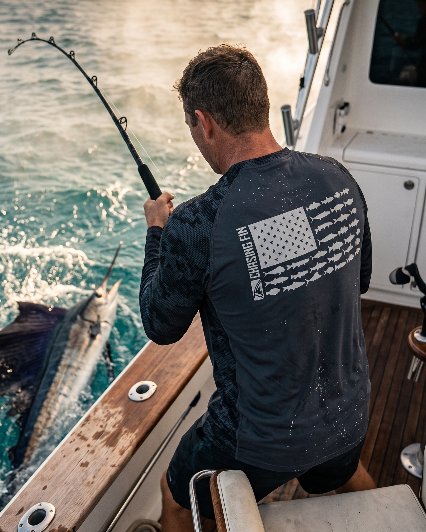 ProFin Camo American Fish Flag Patriotic Performance Long Sleeve Shirt Aqua
